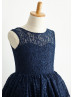 Navy Blue Lace Deep V Back Knee Length Flower Girl Dress